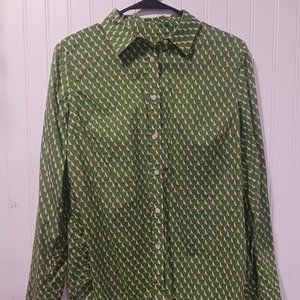 Talbots Size 10 Button Down Top Green Dog Print Roll Sleeves